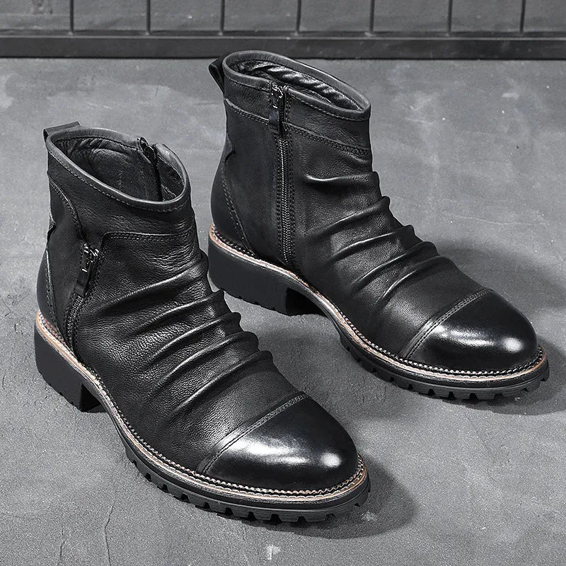 Men's black side-zip cowboy boots with a mid-calf shaft and horseshoe heel on a plain background