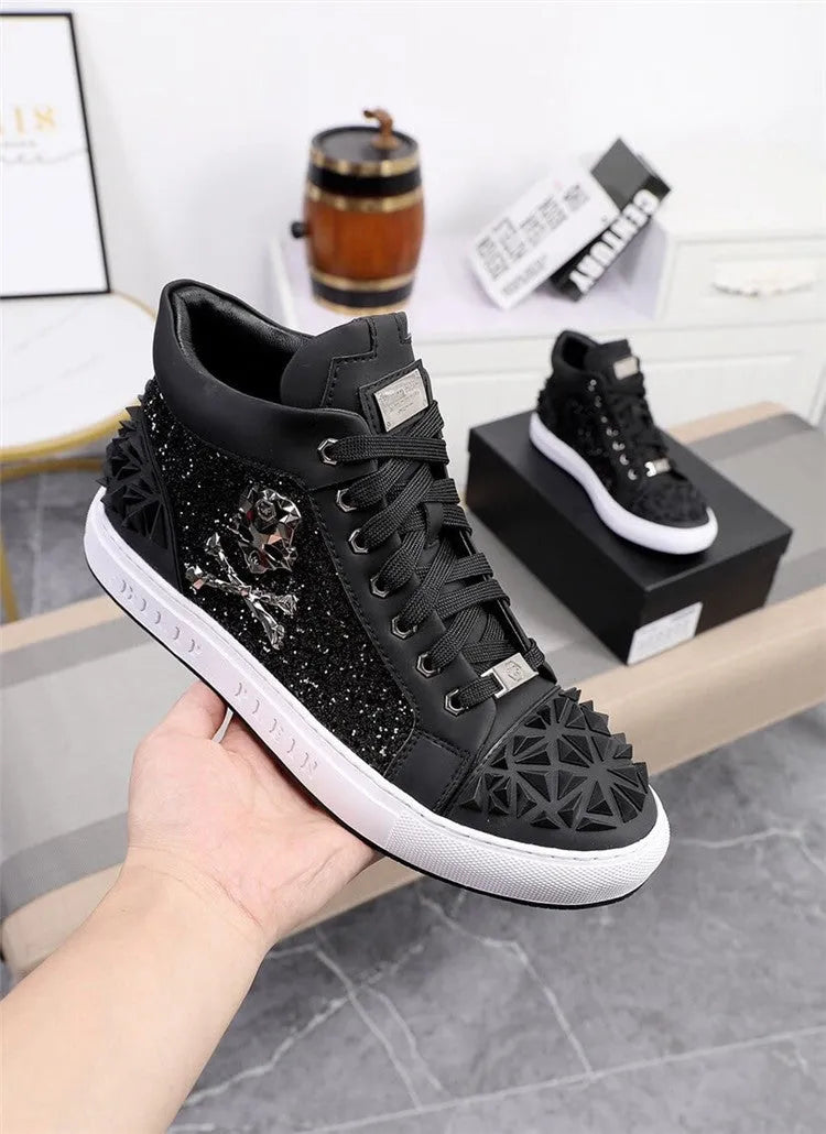 Men's black high top skeleton shoes with genuine leather upper and laced closure