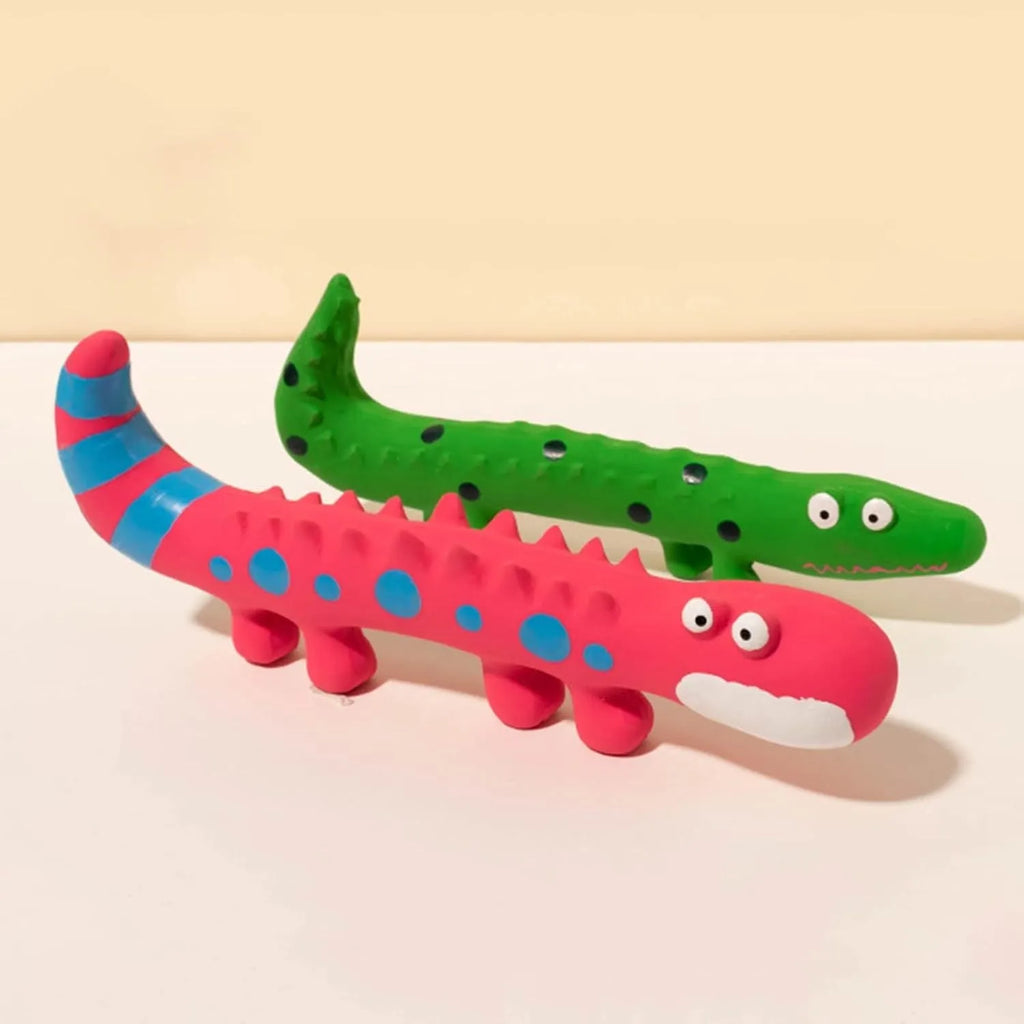 Green lizard-shaped latex dog chew toy with squeaker for aggressive chewing dogs