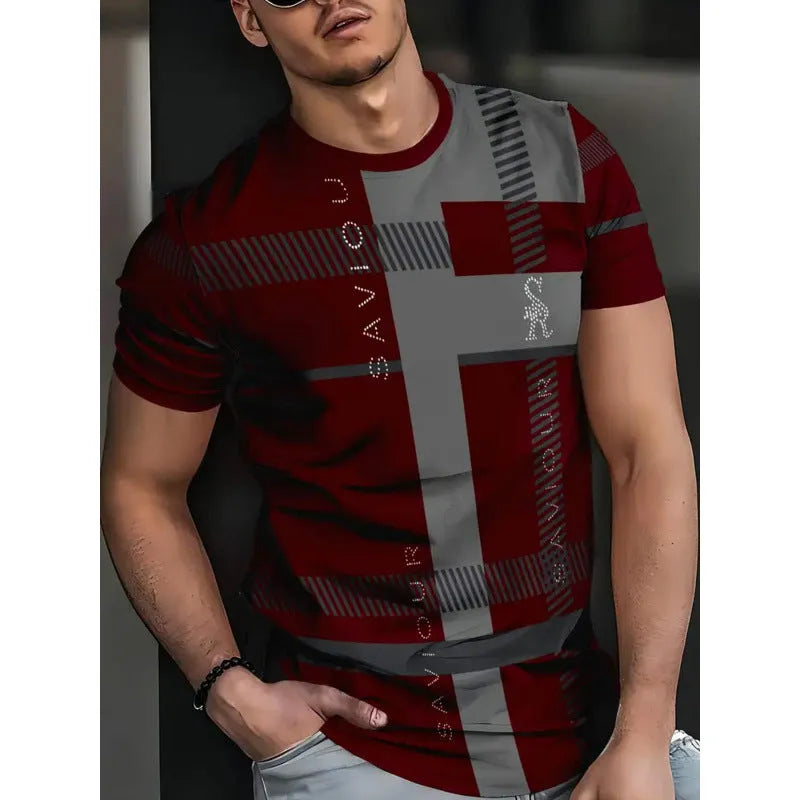 Men's loose fit short-sleeved T-shirt with digital 3D printed striped pattern in polyester fabric