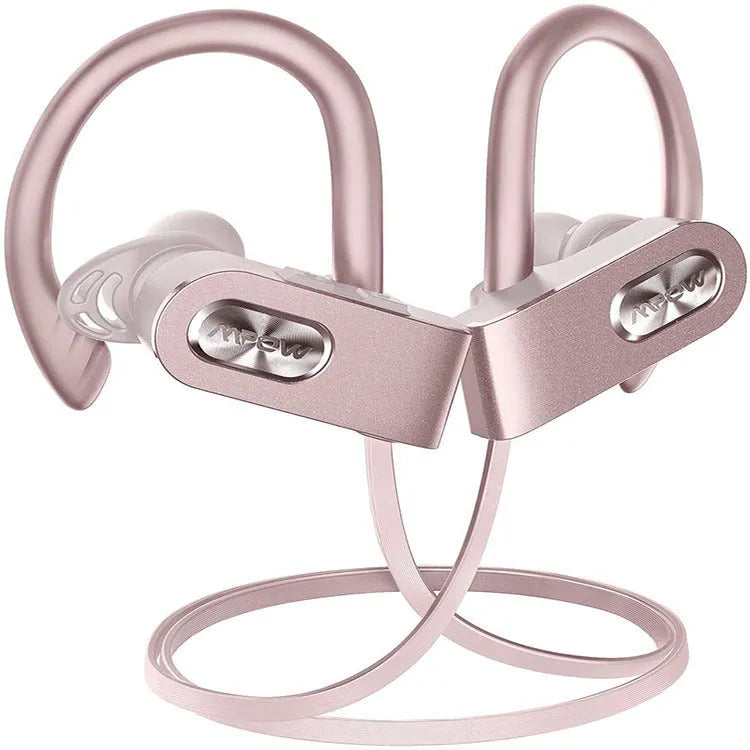 Red hanging ear Bluetooth headset showing earpiece design with wireless connectivity