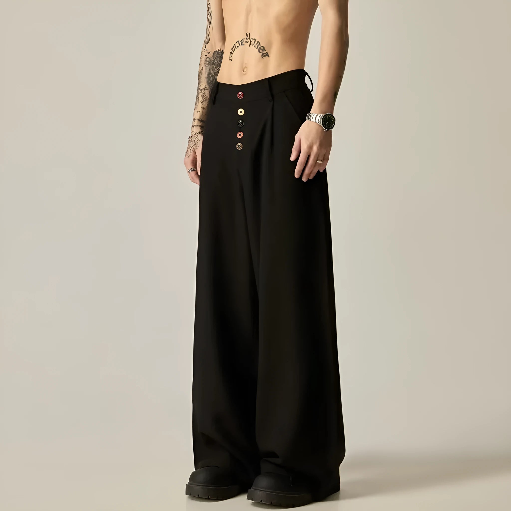 Men's black straight-leg casual trousers with elasticated waistband and polyester cotton blend fabric