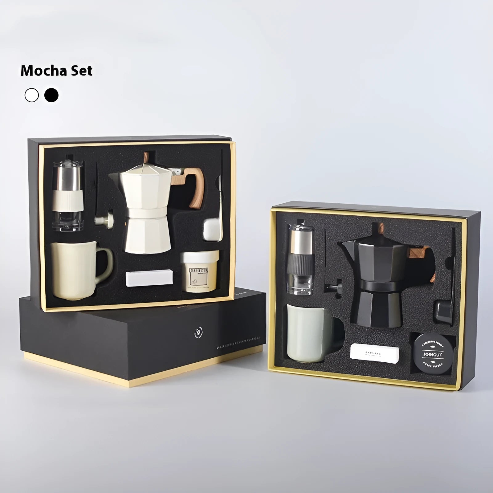 Manual grinding machine set six-piece moka pot kit in beige with grinder, cup, jar, brush, spoon and filter paper