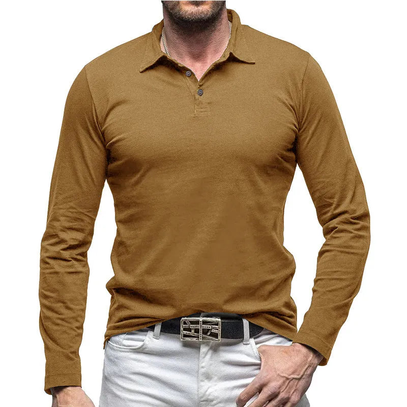 Men's polo collar long sleeve T-shirt in American retro style cotton fabric