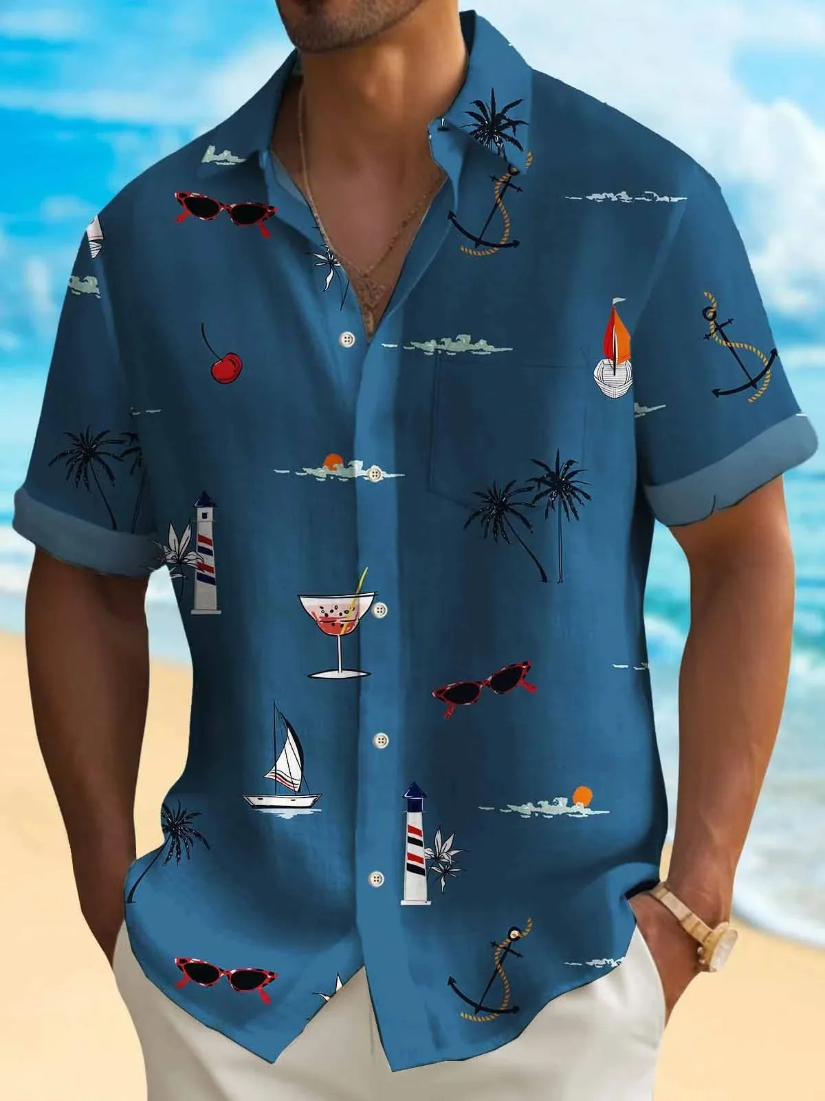 Man wearing a loose-fit, short-sleeve Hawaiian shirt with a colourful digital printed tropical pattern.