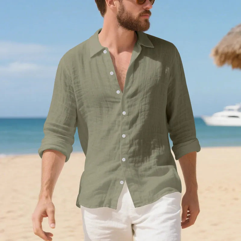 American-style loose-fit linen casual shirt in Army Green, laid flat to show button front and relaxed silhouette.