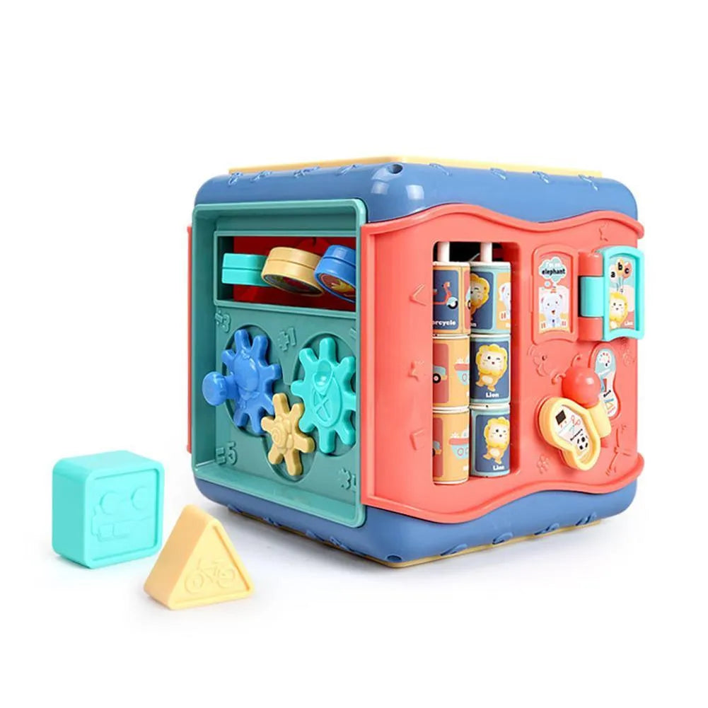 Baby educational hexahedron cube with six activity sides including bead maze and clock