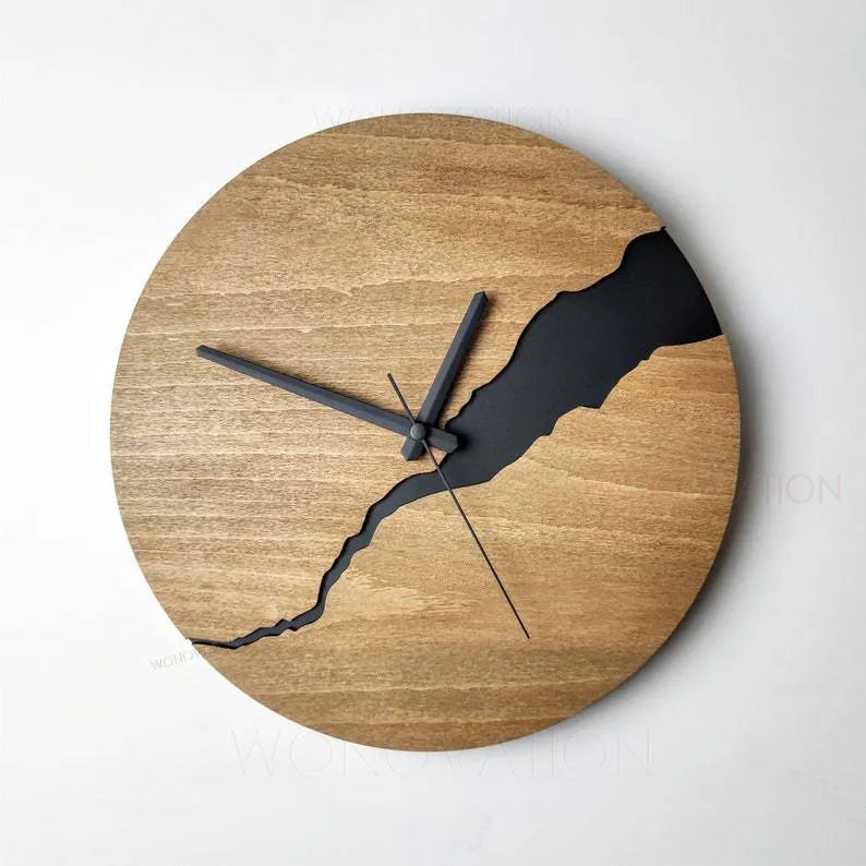 Modern wooden wall clock with cracked texture and silent movement in brown and grey colour options