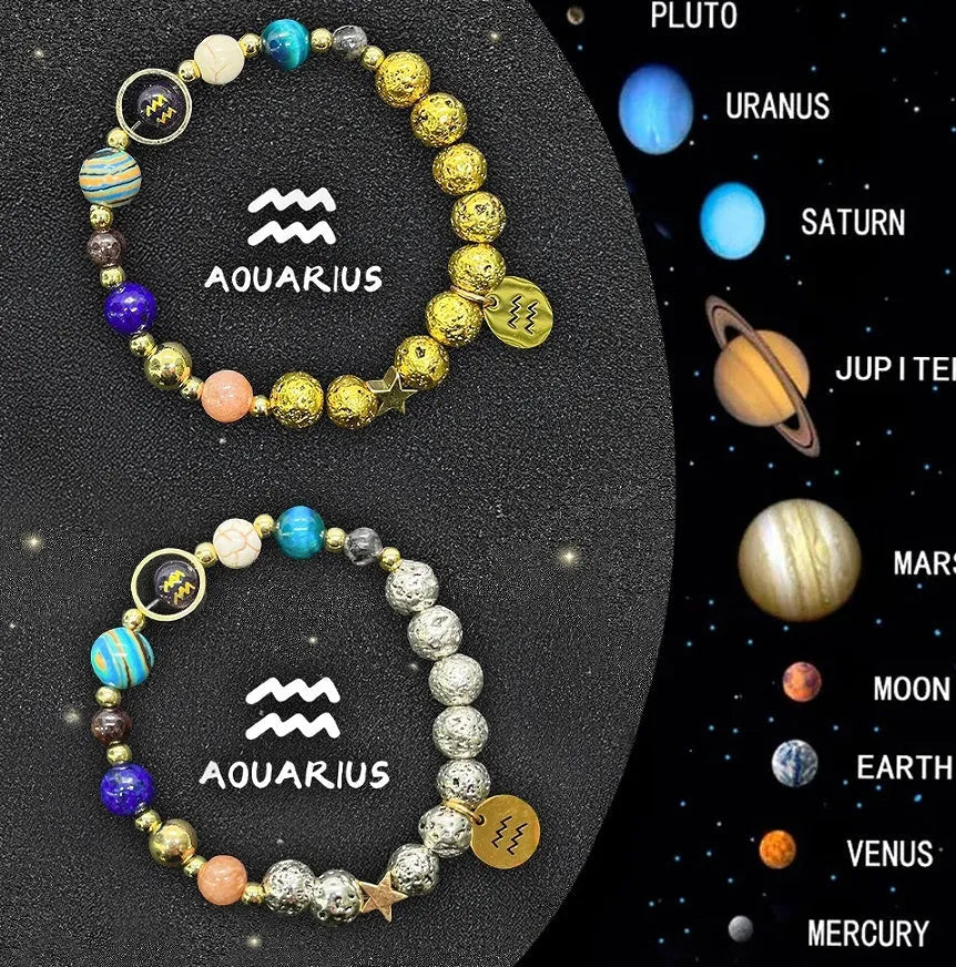 Two natural stone zodiac charm bracelets with elastic threads showing different zodiac symbols
