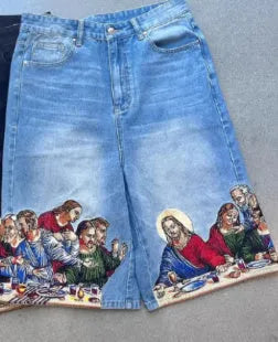 Blue men's cotton shorts with a Jesus graphic printed on the back pocket