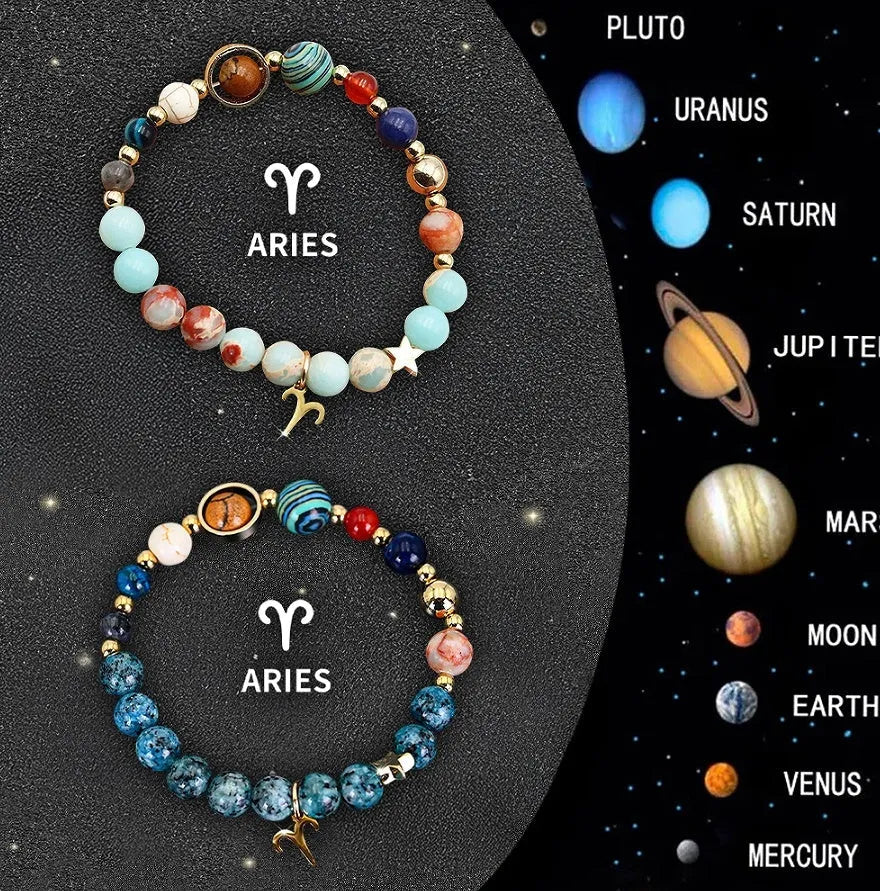 Set of twelve natural stone beaded bracelets laid out, each with a different design representing a zodiac sign.