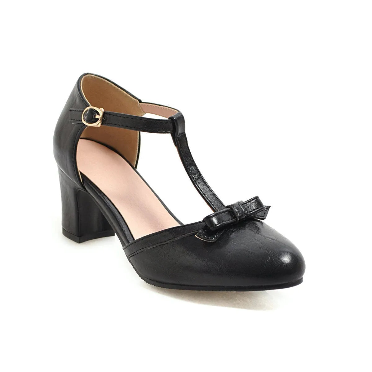 Women's solid colour sandals with chunky 6.5cm heel, buckle strap, and bow detail