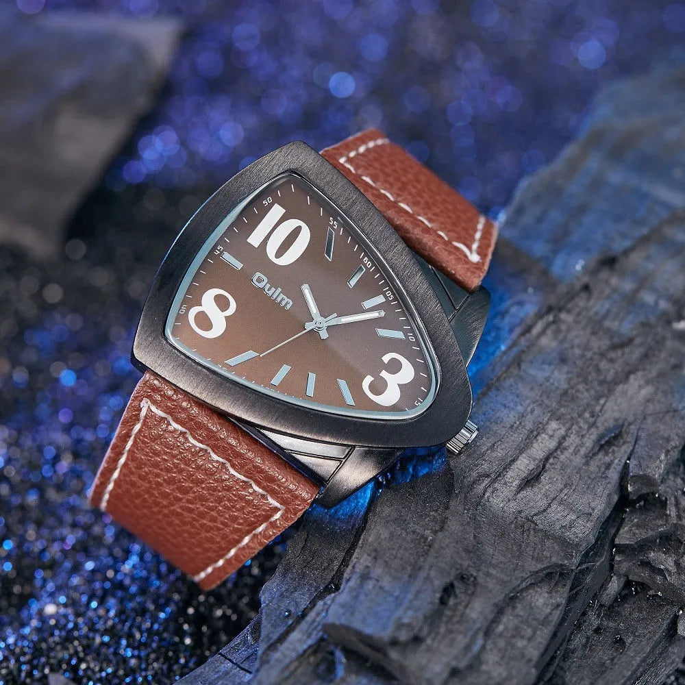 Men's casual triangle belt quartz watch with slim 9mm profile in brown, black, blue colour options