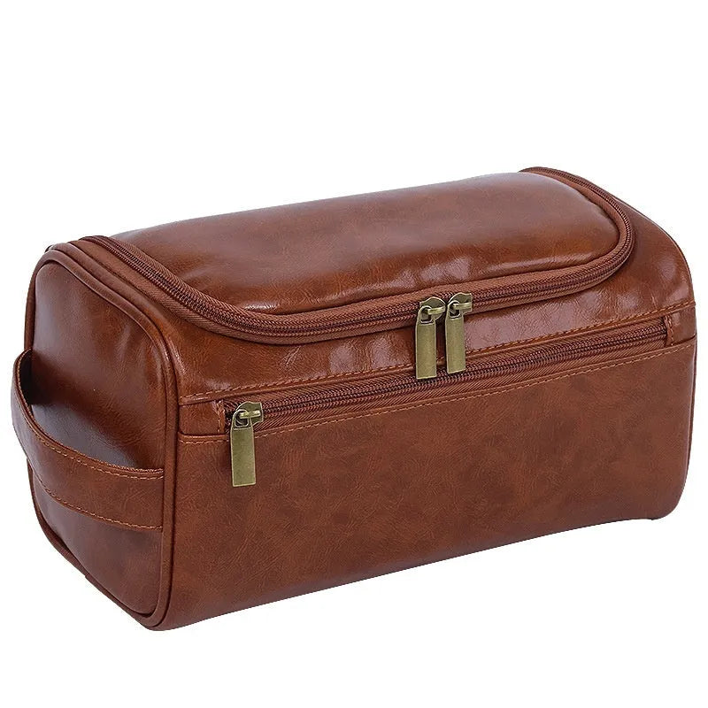 Large capacity men's waterproof cosmetic bag in PU brown with carry handle, 25x14x13cm