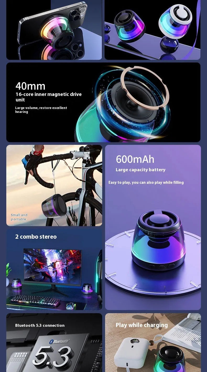 Portable wireless Bluetooth mini speaker with LED lights and magnetic back in black or white
