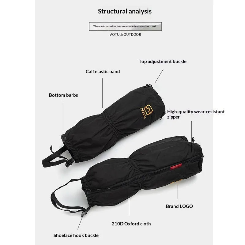 Pair of black 210D Oxford fabric hiking and skiing gaiters leg protectors