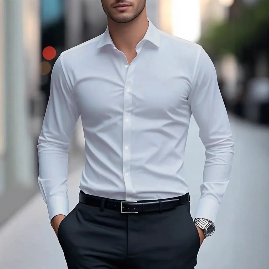 Slim fit long-sleeved solid colour cotton shirt for men, available in multiple colours for business workwear