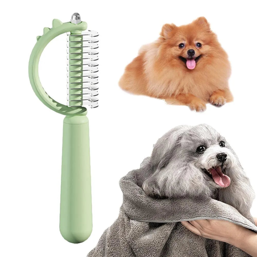 Blue dinosaur-shaped self-cleaning cat brush with double-sided stainless steel slicker pins.