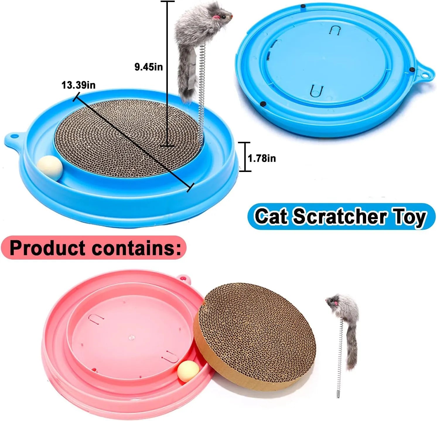 Interactive cat scratcher with rolling ball track and replaceable cardboard centre in blue colour