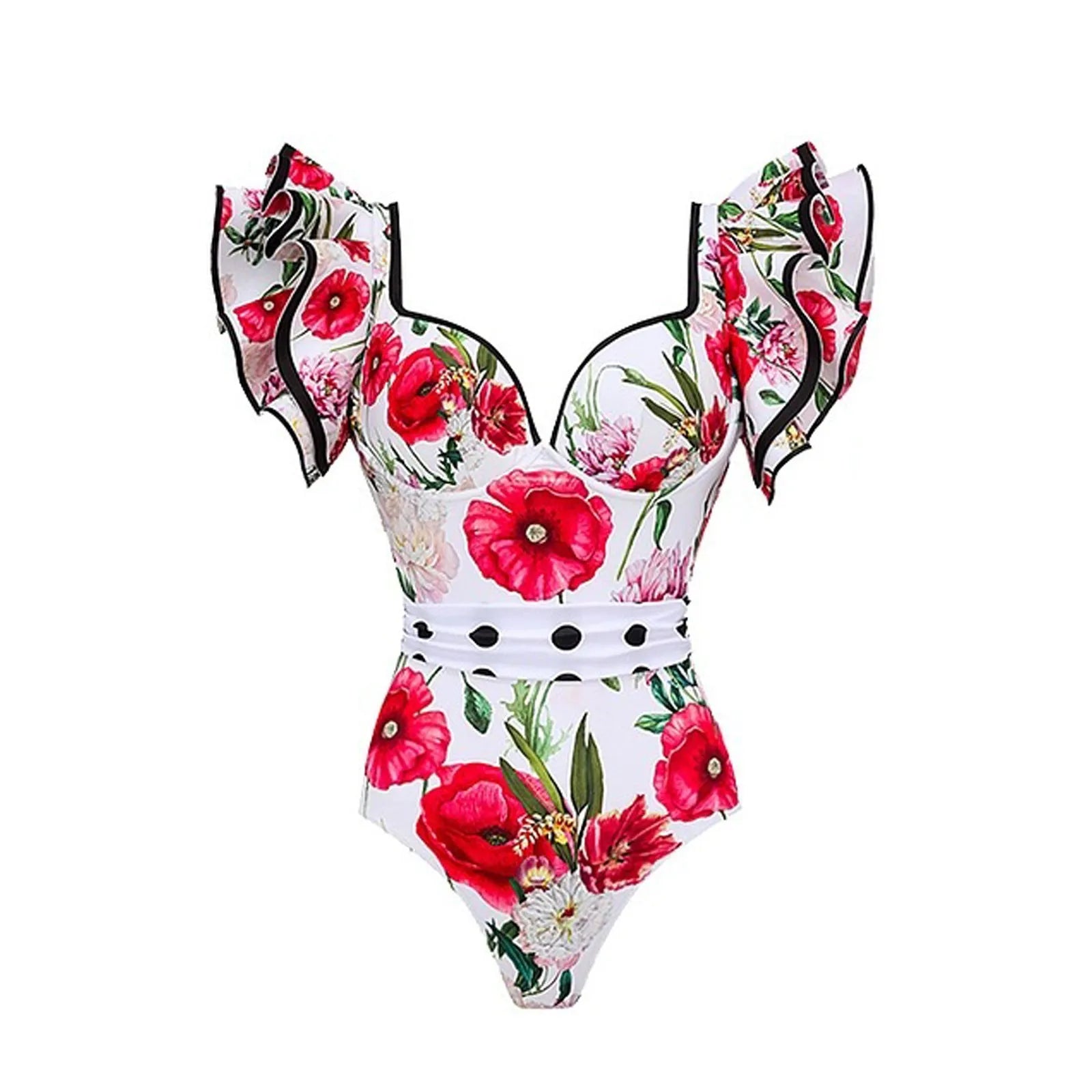 Adult woman modelling a printed one-piece swimsuit in a choice of colours including rose pink, blue, white, and a red apron set style.