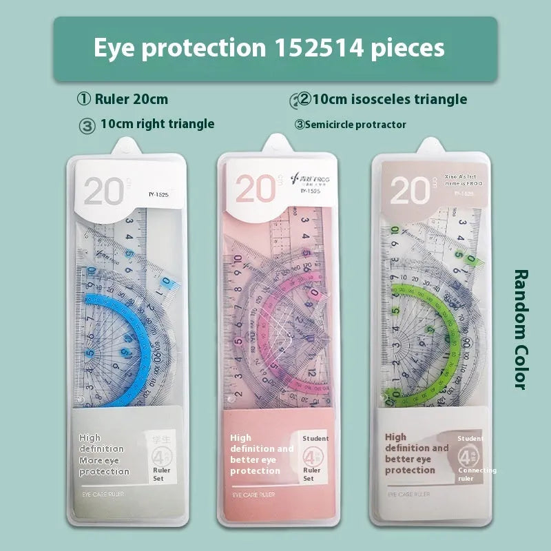 Youpai transparent acrylic ruler set with square and protractor on lined paper.