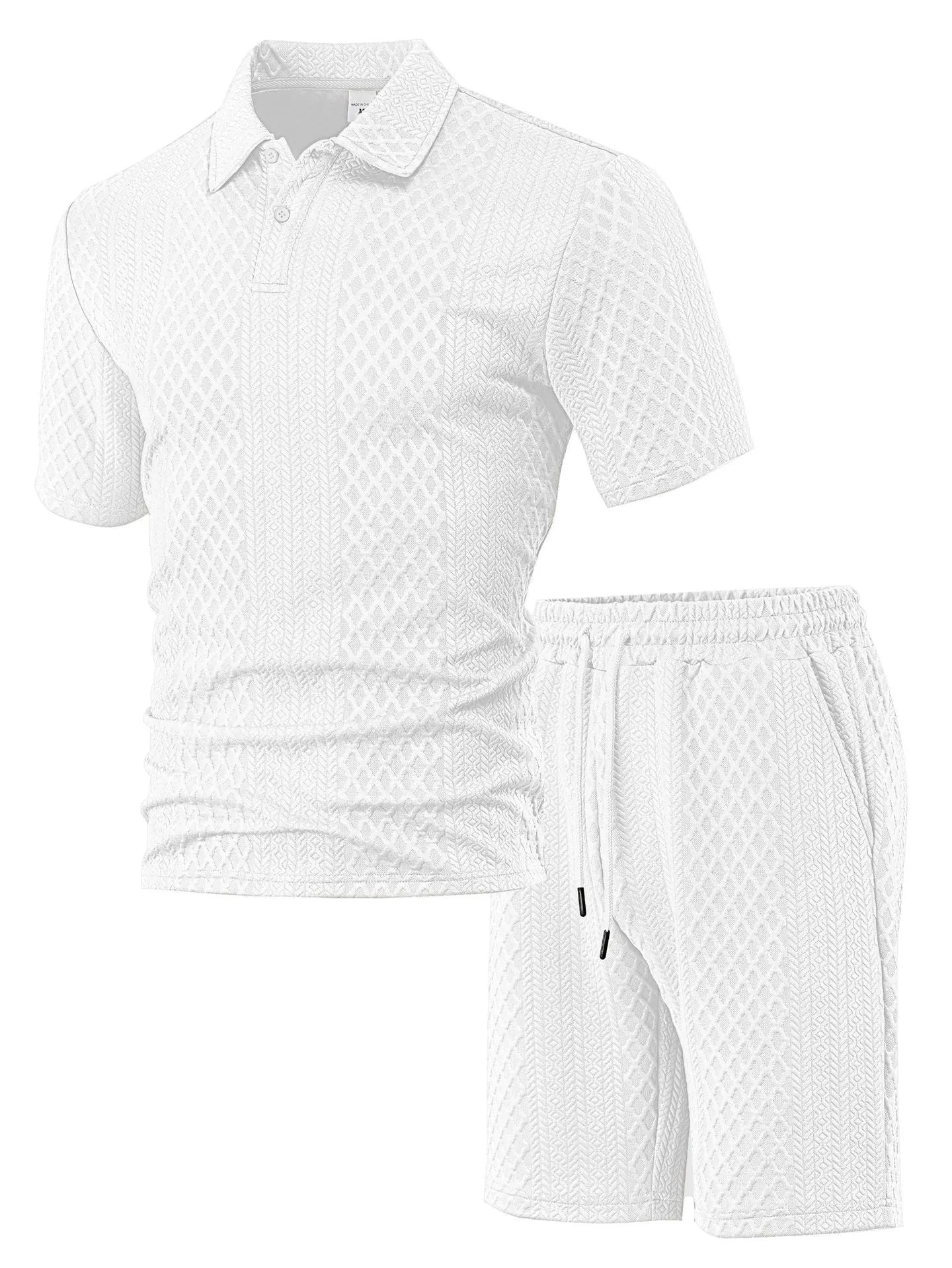 Men's patterned cloth casual suit set featuring a short sleeve polo shirt and trousers on a hanger.
