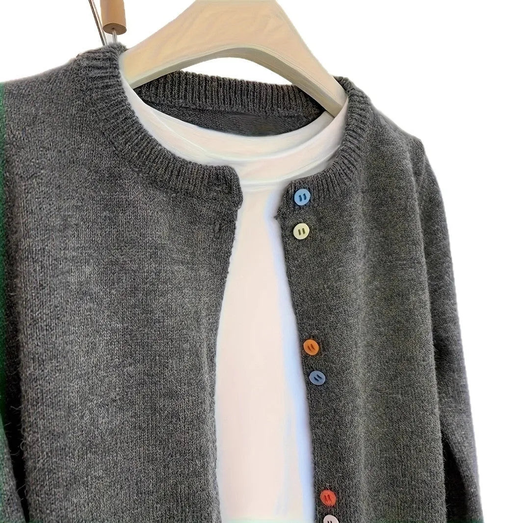 Dark grey women's cardigan sweater with button front and regular sleeves for office commuting