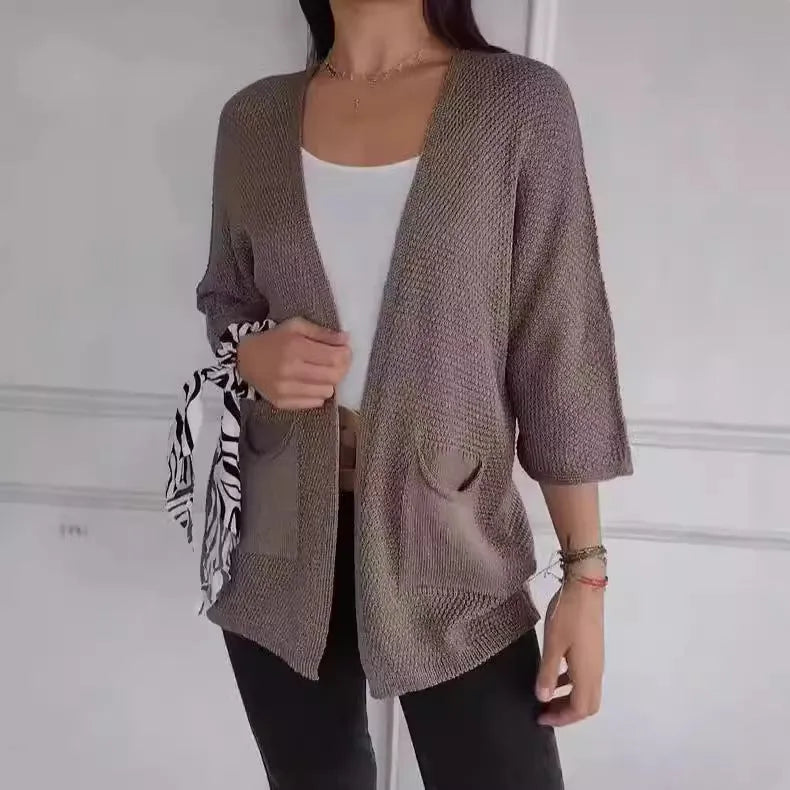 Women's waffle-textured polyester cardigan coat with nine-quarter sleeves in army green colour