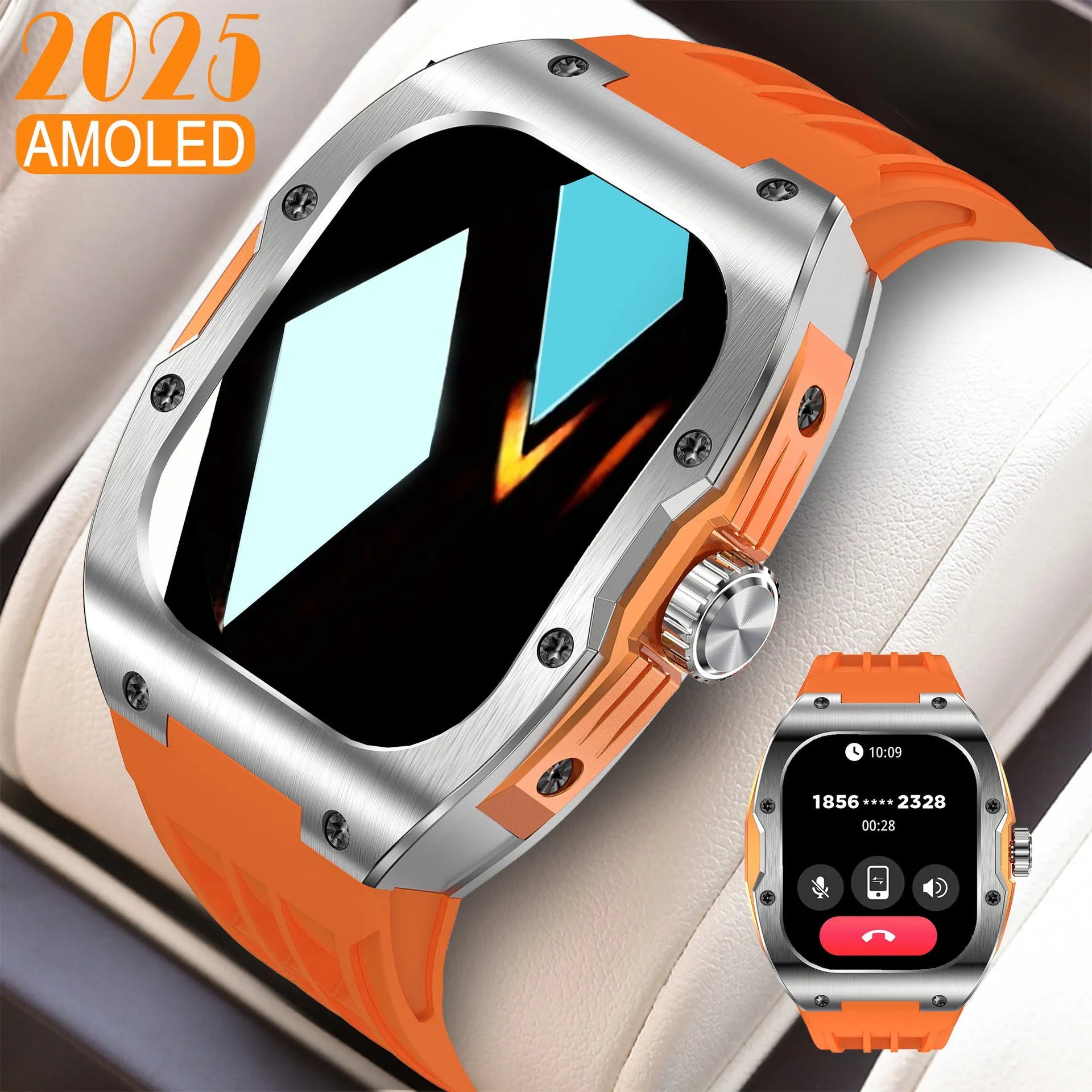 Men's smart watch with Bluetooth calling and AMOLED touch screen on wrist showing fitness tracking display