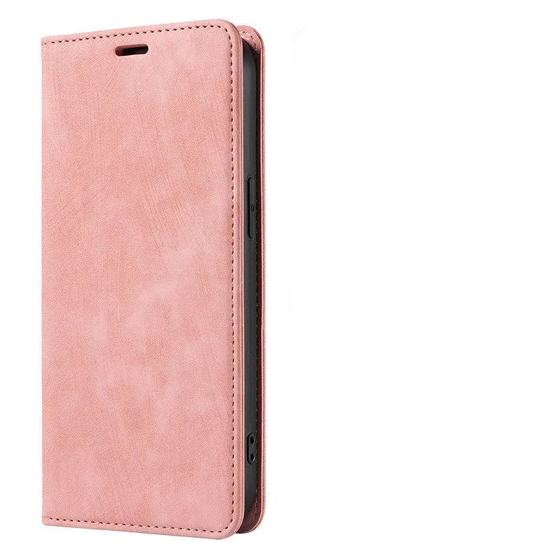 Genuine leather magnetic flip phone case for iPhone in a solid colour with a TPU inner frame.