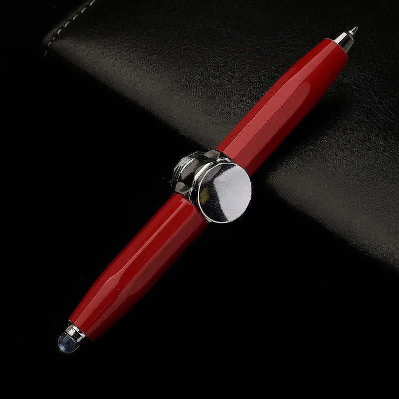 Metal fingertip gyro ballpoint pen with LED spinning function showing 10.5 cm length