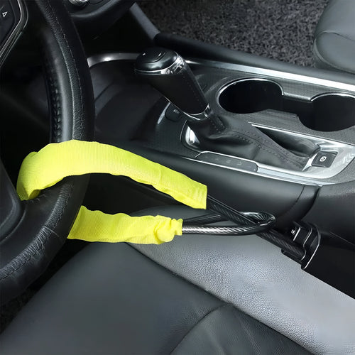Red car steering wheel lock with wire rope security cable for General Motors vehicles
