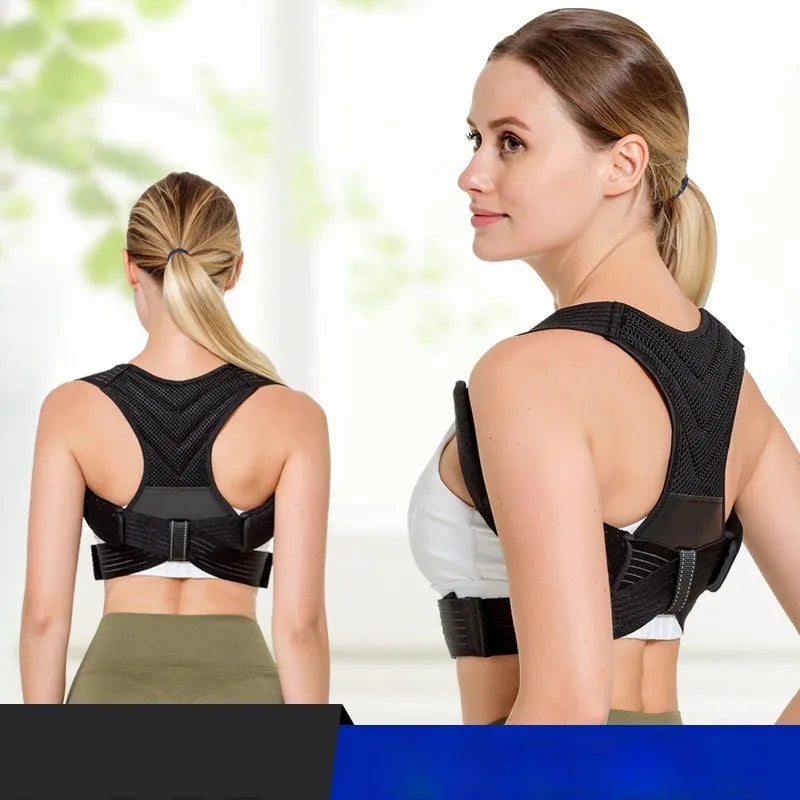 Black adjustable posture correction belt for back support and shoulder alignment