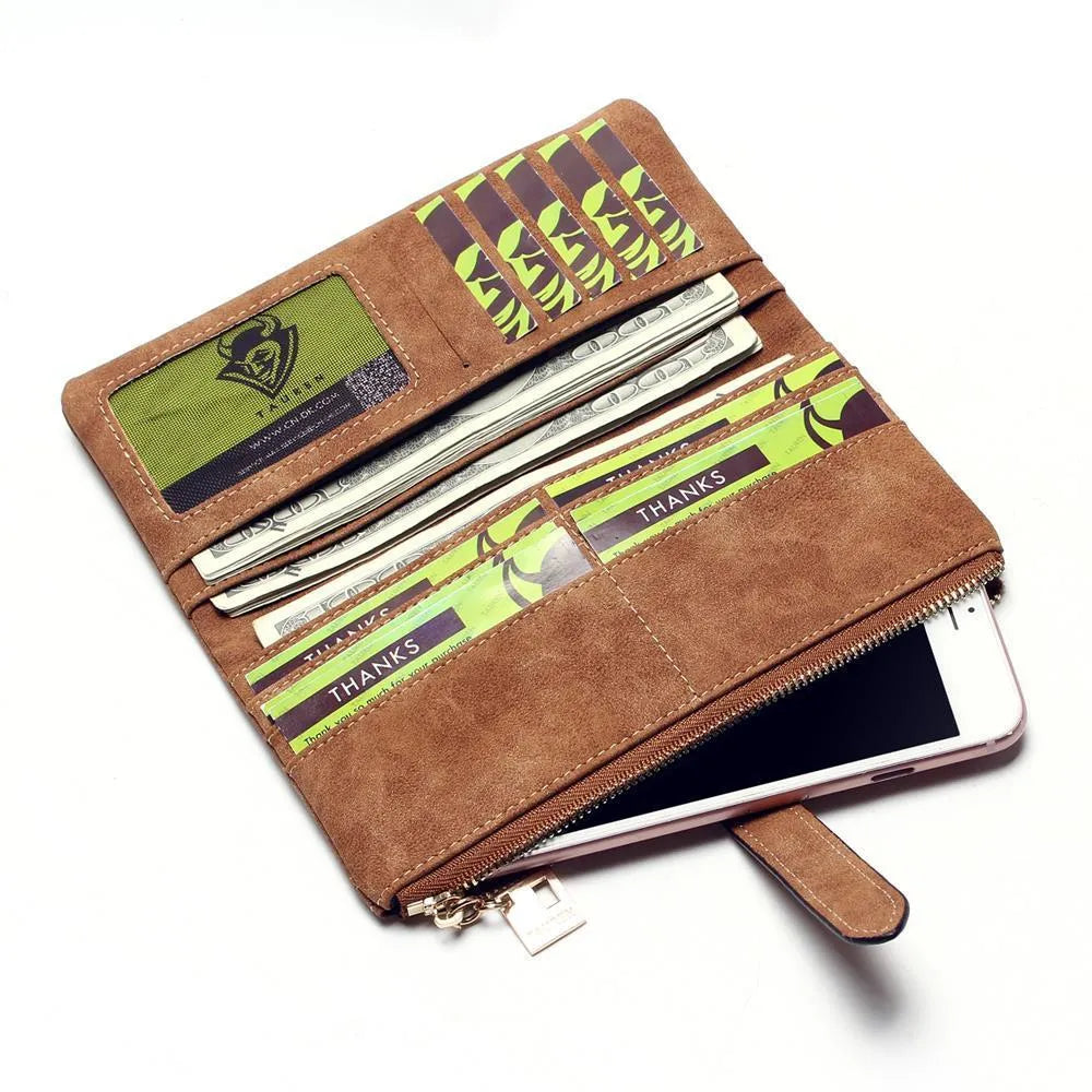Korean retro matte leather women's long wallet open to show internal organisation compartments