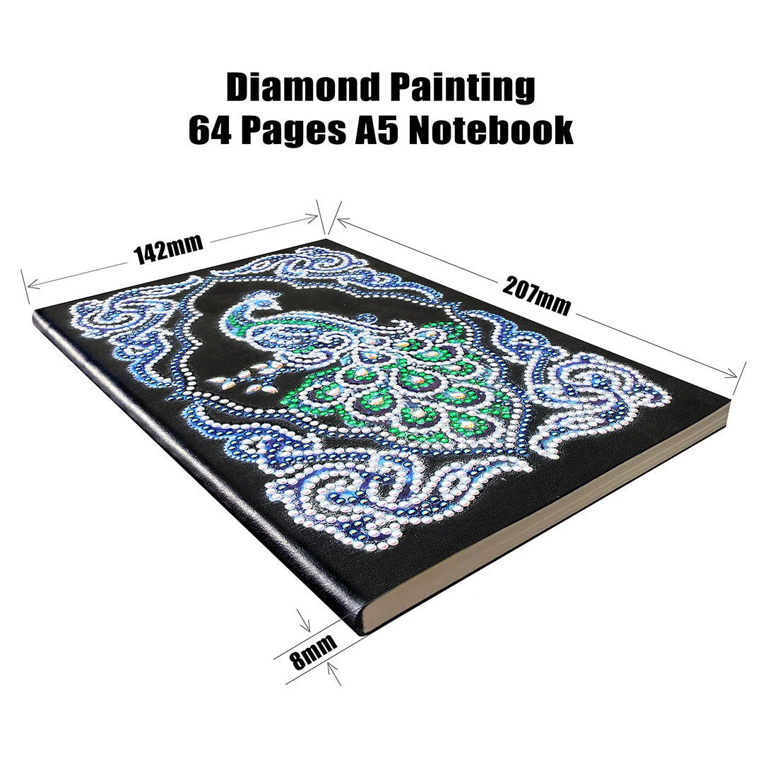 Black A5 diamond painting notebook with peacock design showing shaped and bright drills