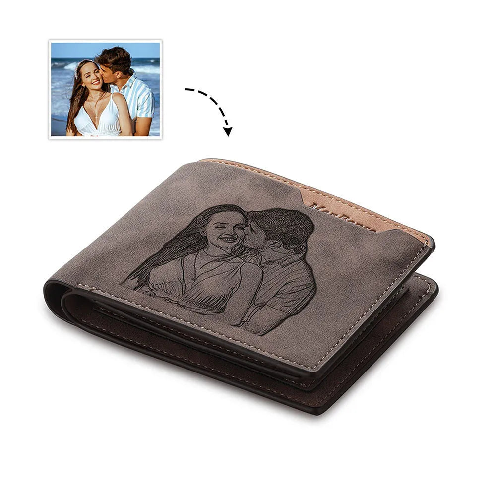Coffee coloured engraved horizontal short wallet measuring 120x99mm with custom text or photo personalisation