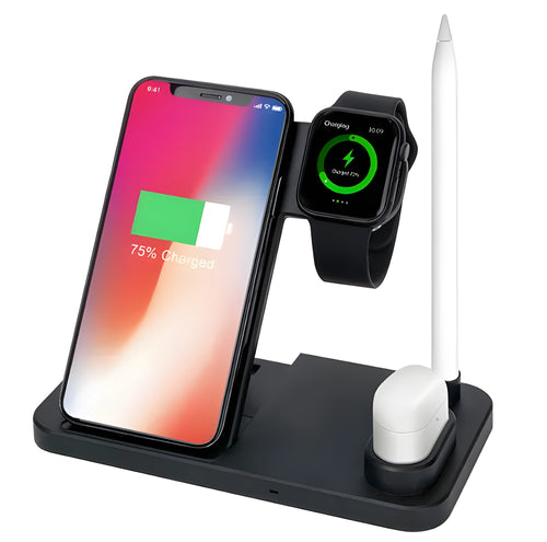 4-in-1 wireless charging station showing iPhone, Apple Watch, AirPods and Apple Pencil charging simultaneously on adjustable stand