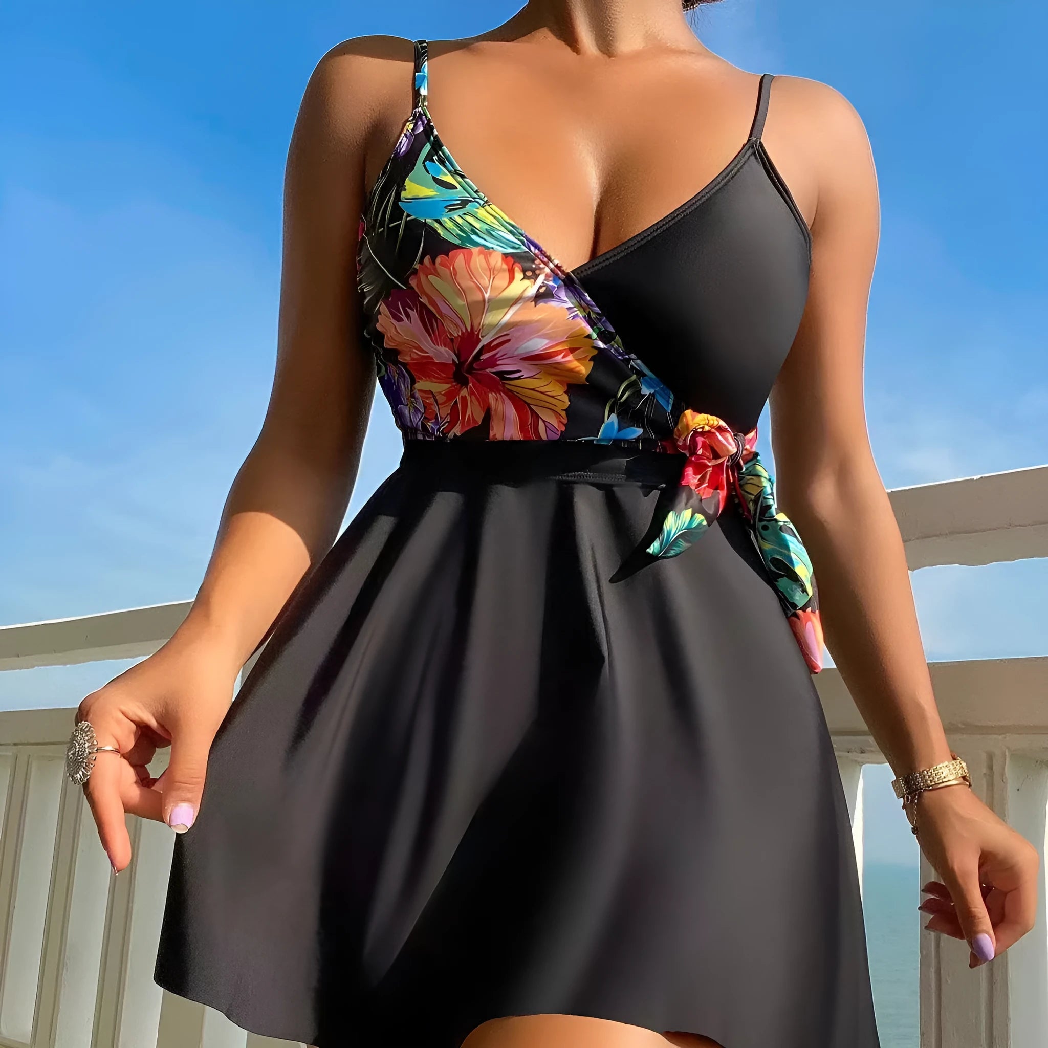 Black women's high waist briefs with printed split bikini design for sports and swimming activities