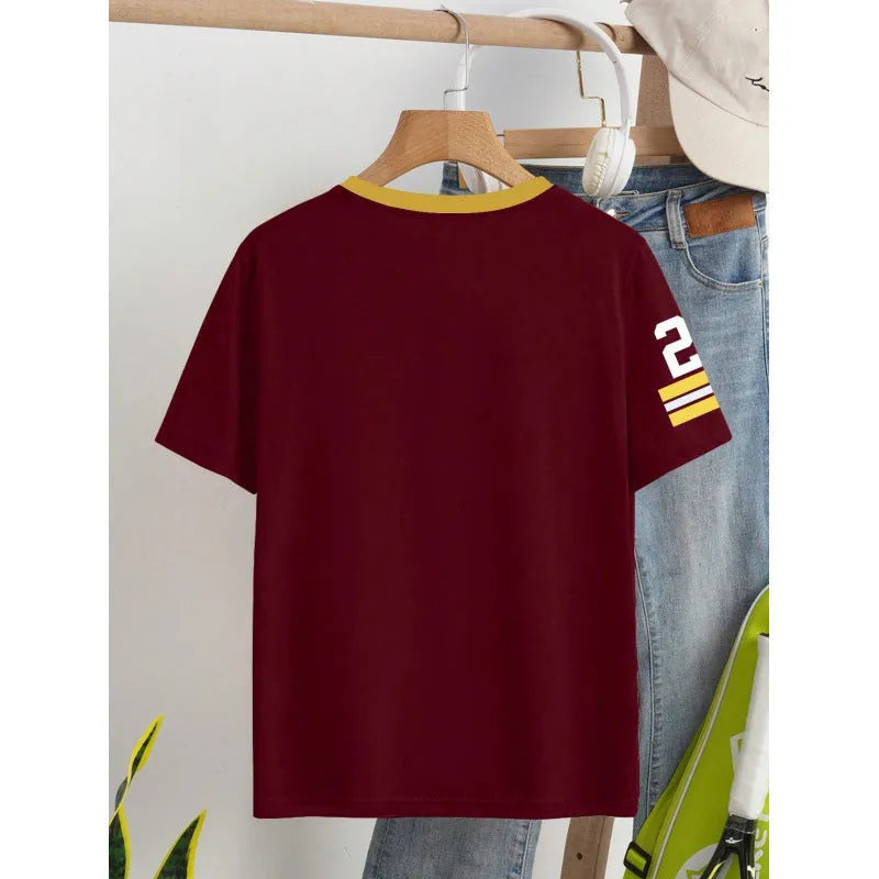 Red loose fit cotton T-shirt with contrasting colour digital letter printing on the front.