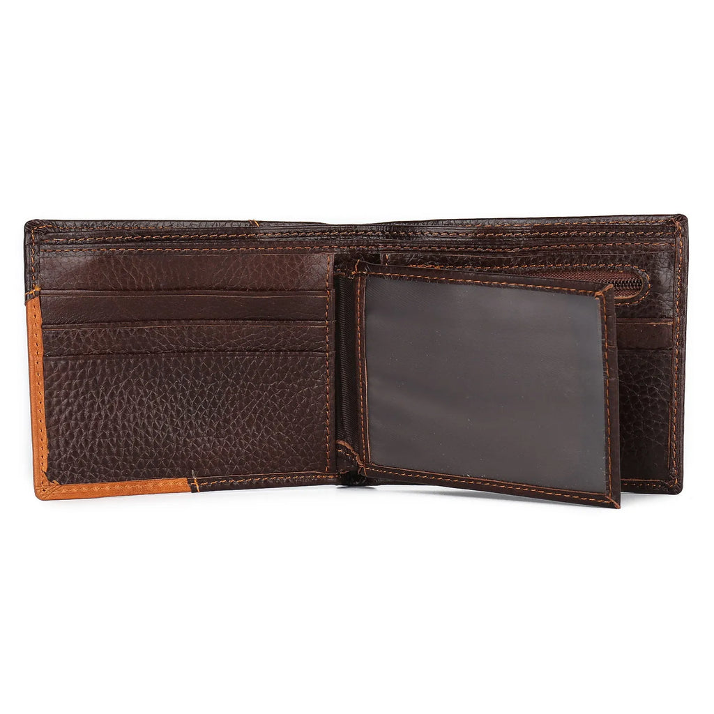 Soft cowhide leather men's wallet with cross-stitch detail, shown open to reveal bill holder, card slots, and zip compartment.