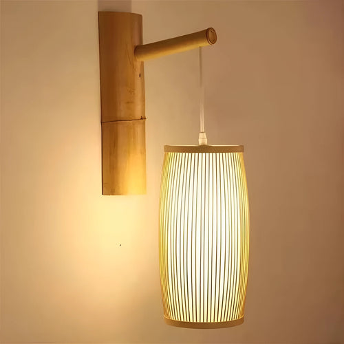 Natural bamboo plait wall lamp with woven design for hall or staircase lighting