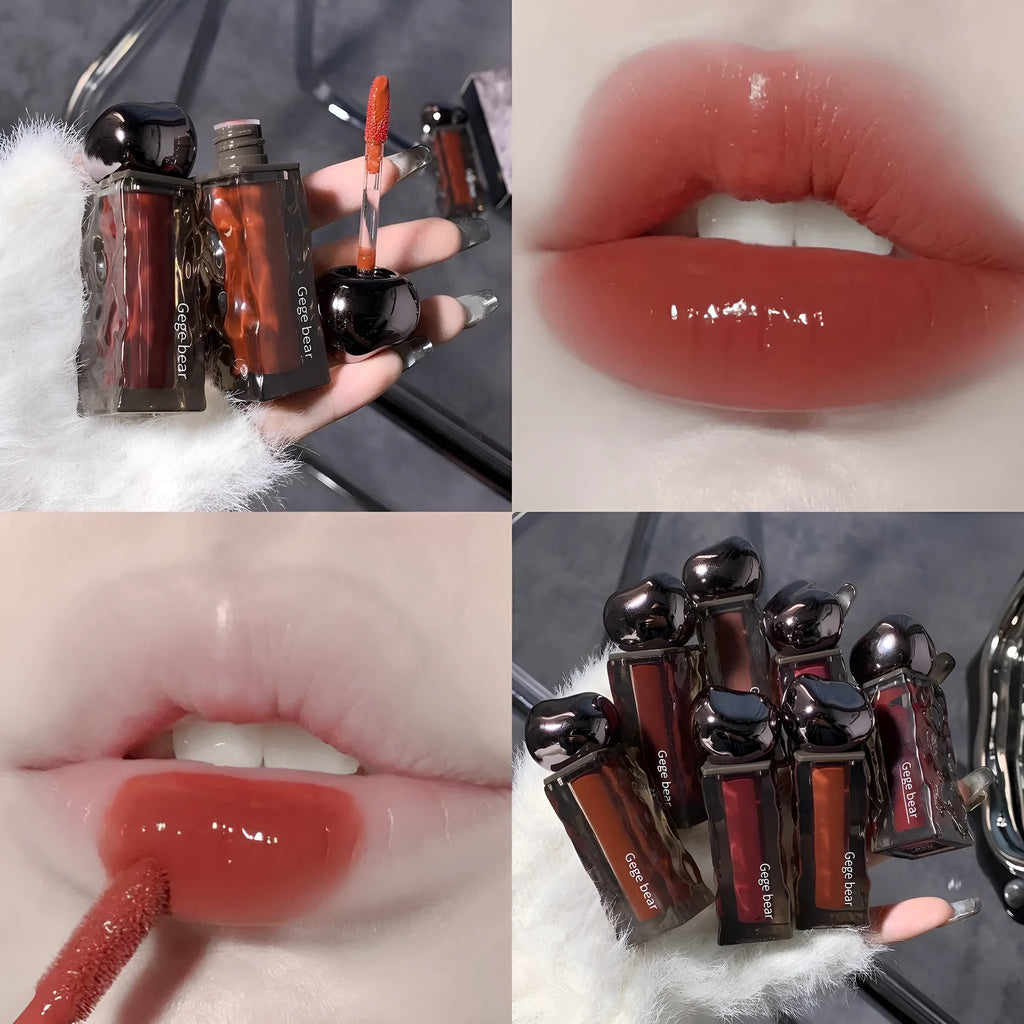 Glacier Lava Lip Lacquer in water-light mirror finish showing seven numbered colour options