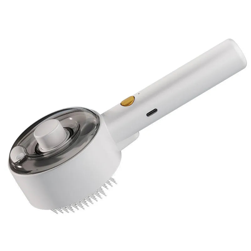 Ceramic white pet grooming brush with mist spray function and UV-C sterilisation light for dogs and cats.