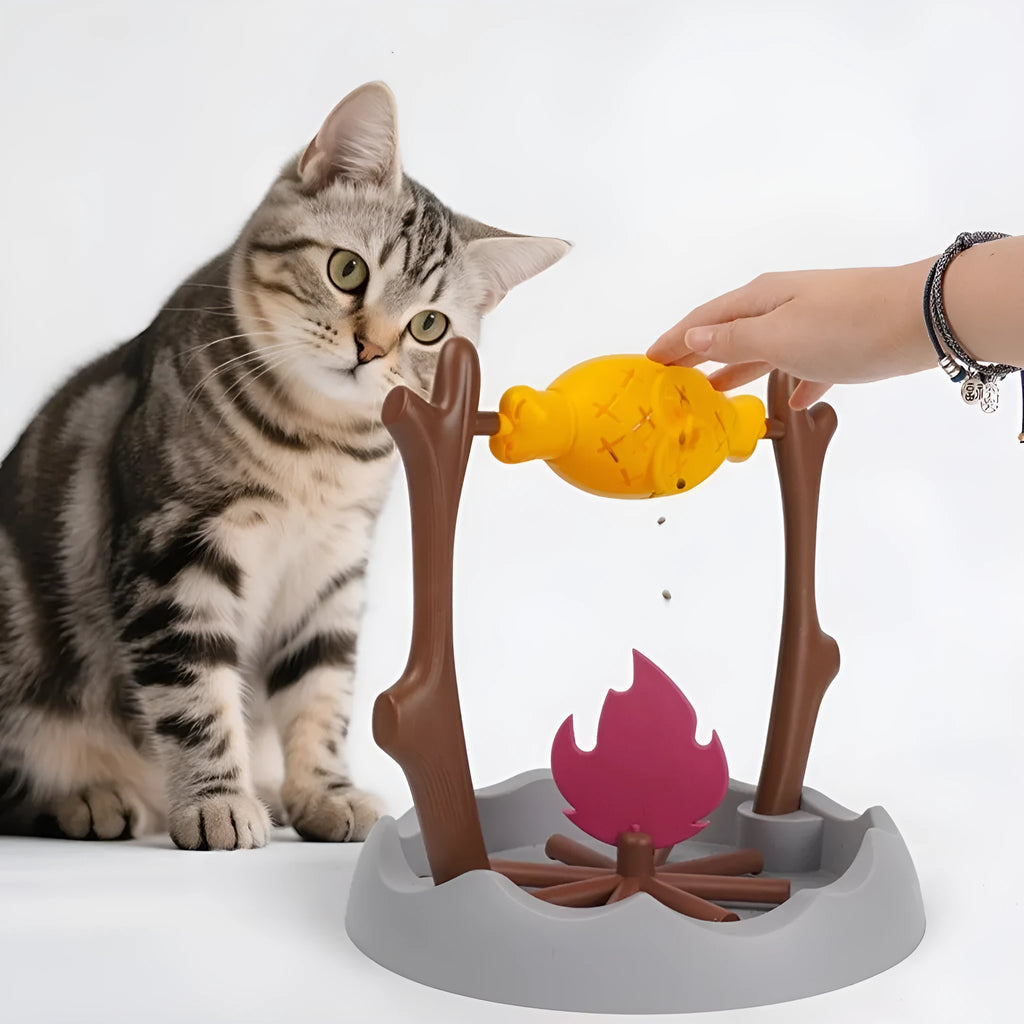 Tumbling cat food feeder toy with barbecue style design measuring 30cm