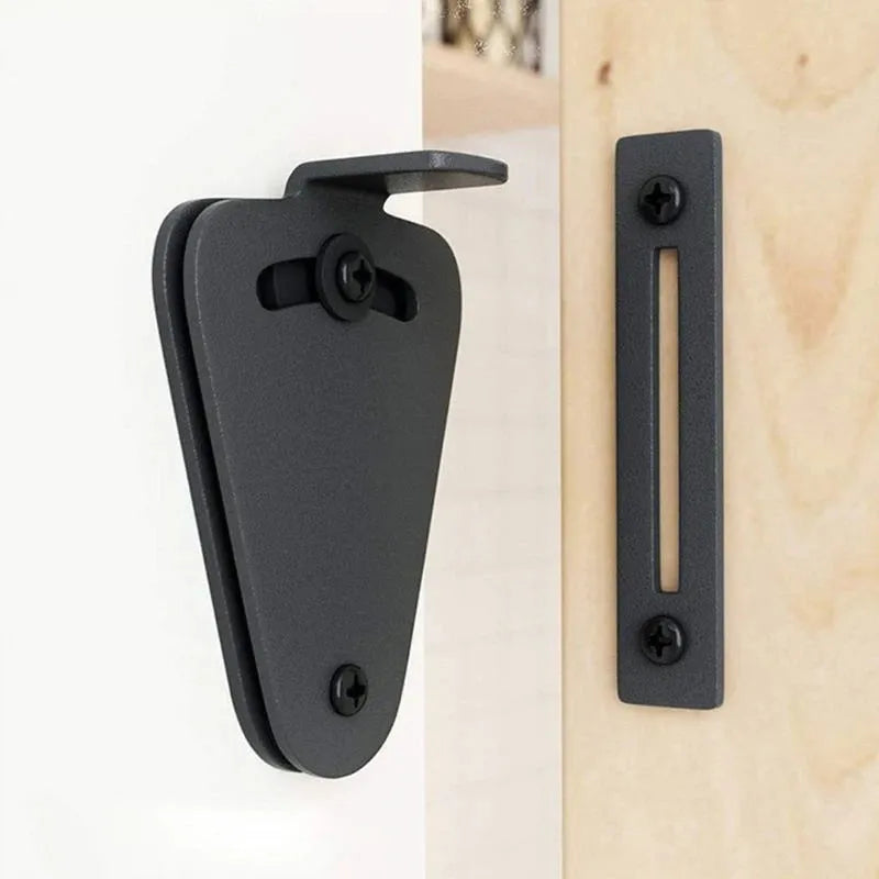 Black stainless steel sliding barn door lock showing two size options for different gap measurements