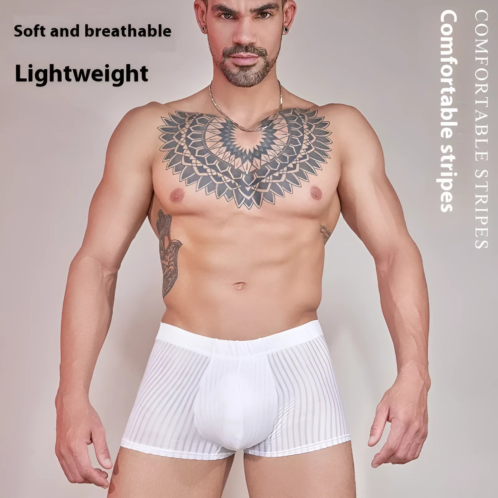Men's striped transparent nylon underwear in black, white and dark grey colours