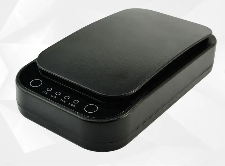 Blue and white portable ultraviolet disinfection box for mobile phones.
