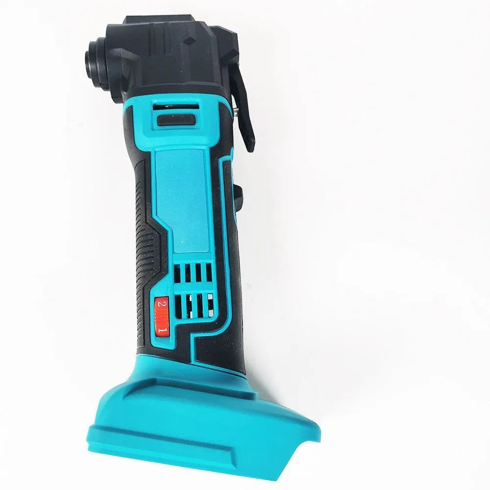 Rechargeable cordless grass trimmer with metal body and plastic accessory box.