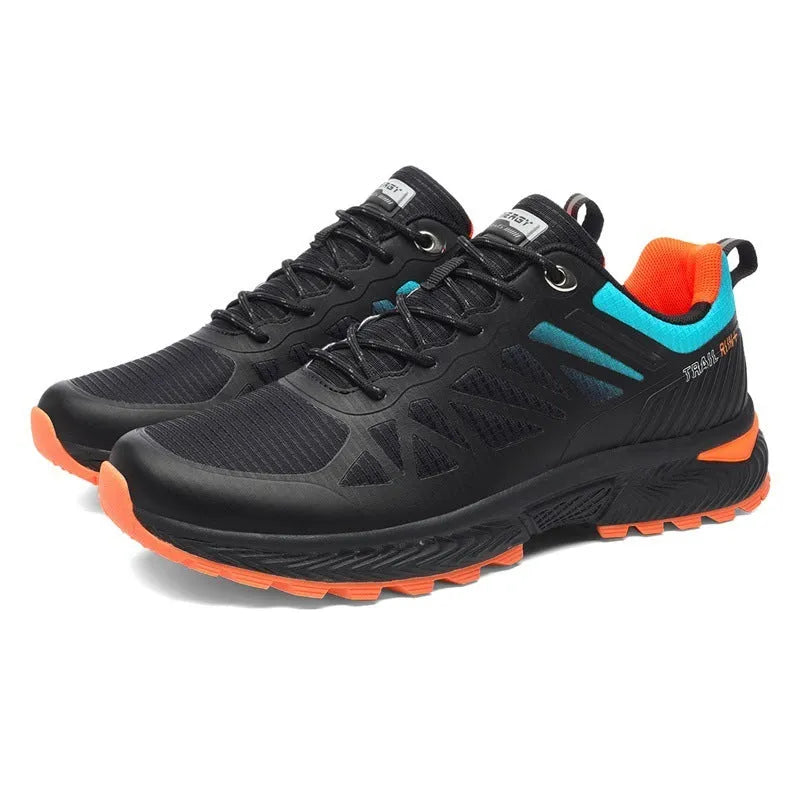 Men's black breathable mesh running shoes with lace-up front and rubber sole, shown on a white background.