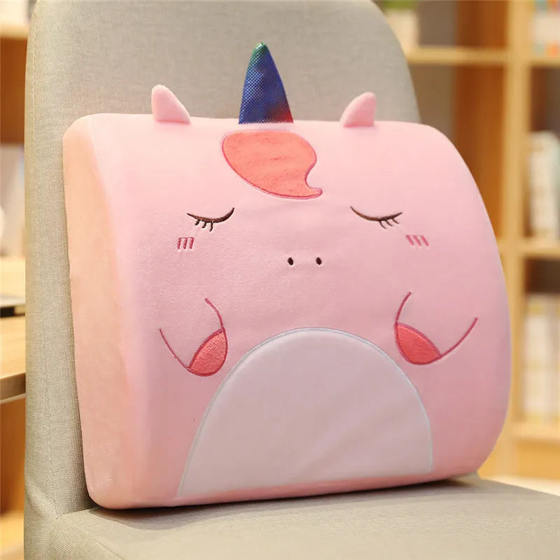 Cartoon-themed car seat cushion with memory foam core and removable cover in various designs like Pink Unicorn and Gray Cat.